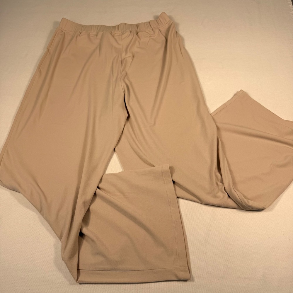 Simonton Says  Wide Leg Pants L Tan Elastic Waist High Rise Stretchy Slinky Knit